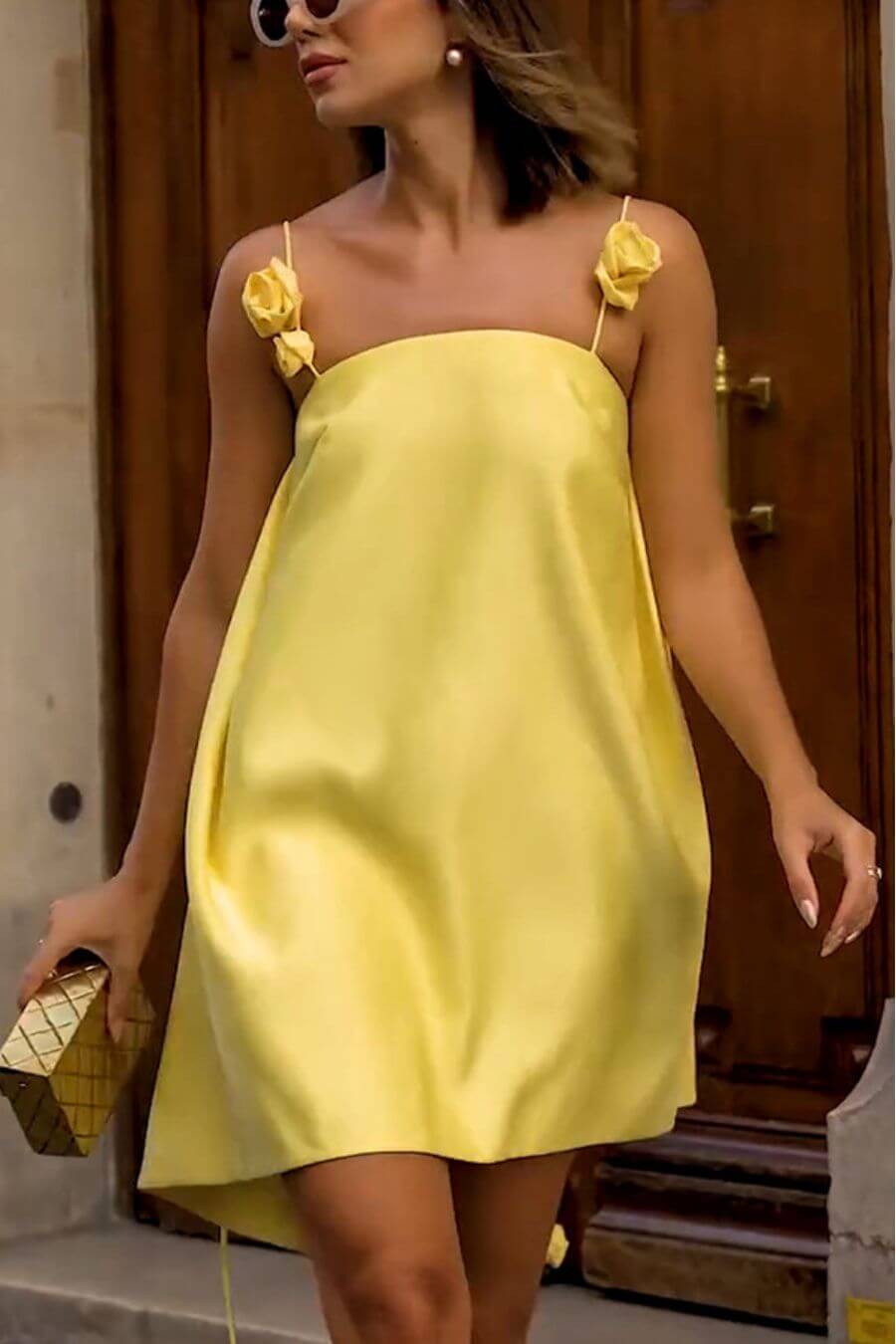 Eleanor Glossy Satin Party Dress in Sunshine Yellow
