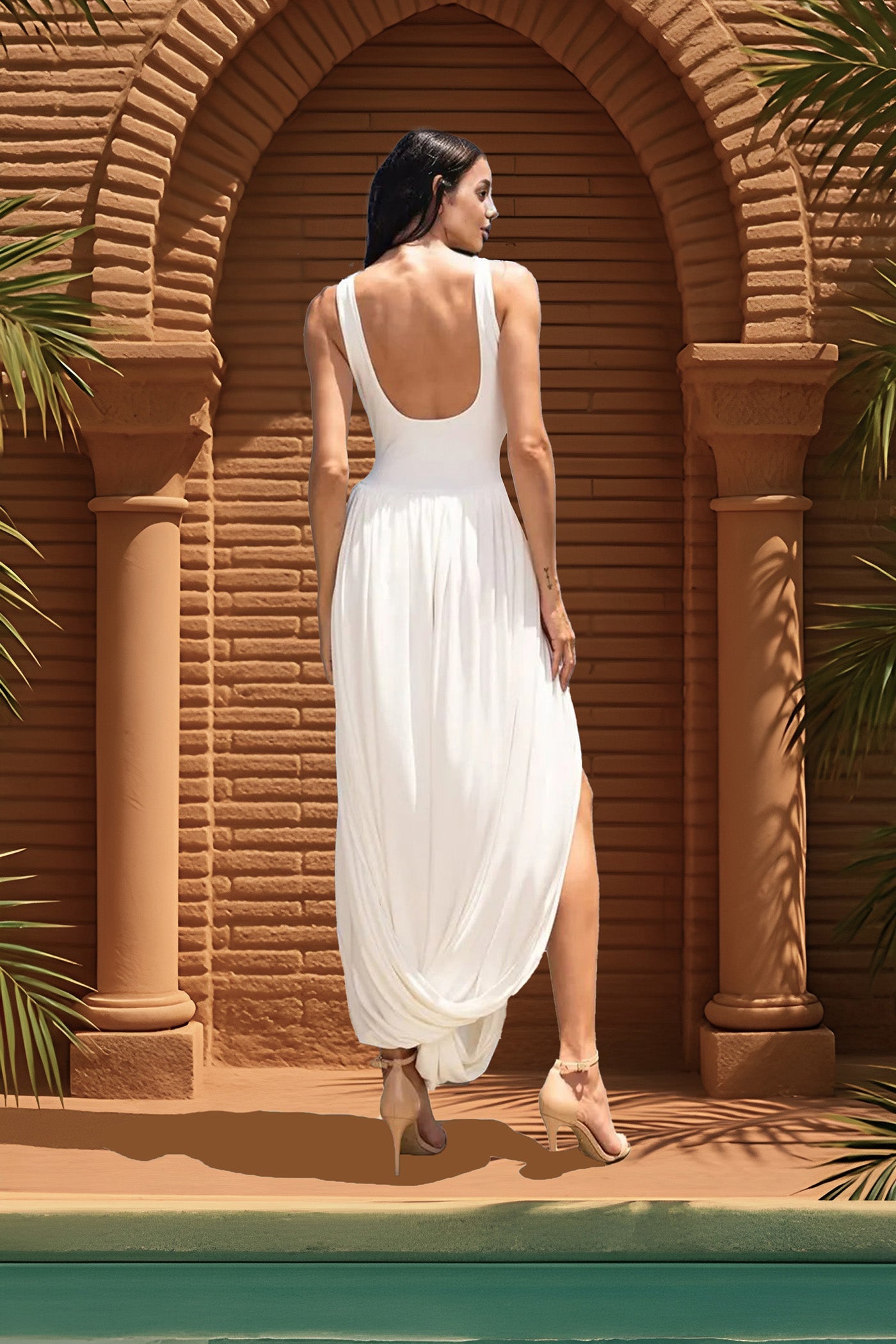 Draped Maxi Dress With Sculptural Skirt And Side Slit - White